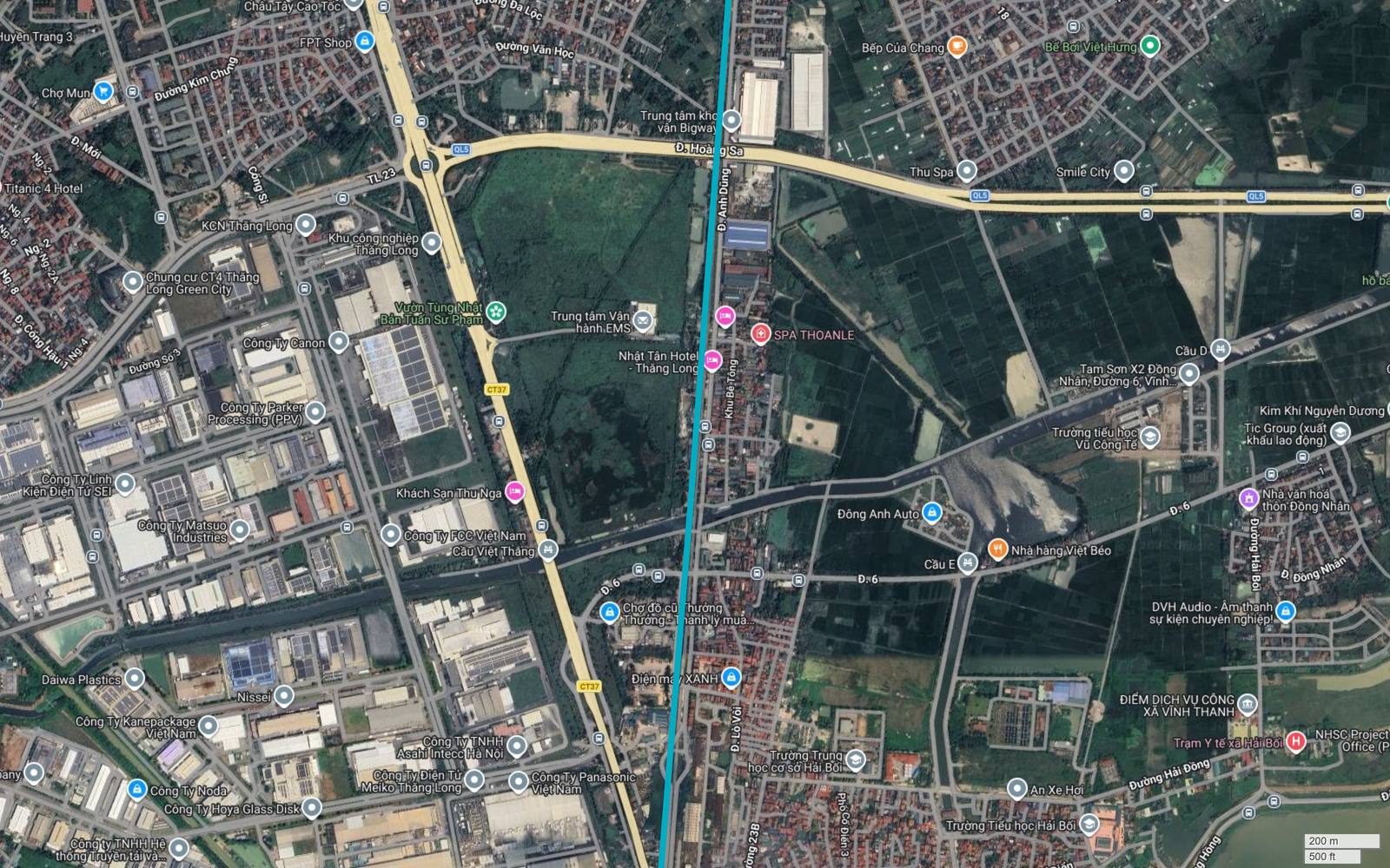 Bản đồ tuyến metro số 6 Hà Nội cắt Quốc lộ 5 kéo dài đường Hoàng Sa cạnh Khu công nghiệp Thăng Long, gần cầu D và cầu E trên đường 6