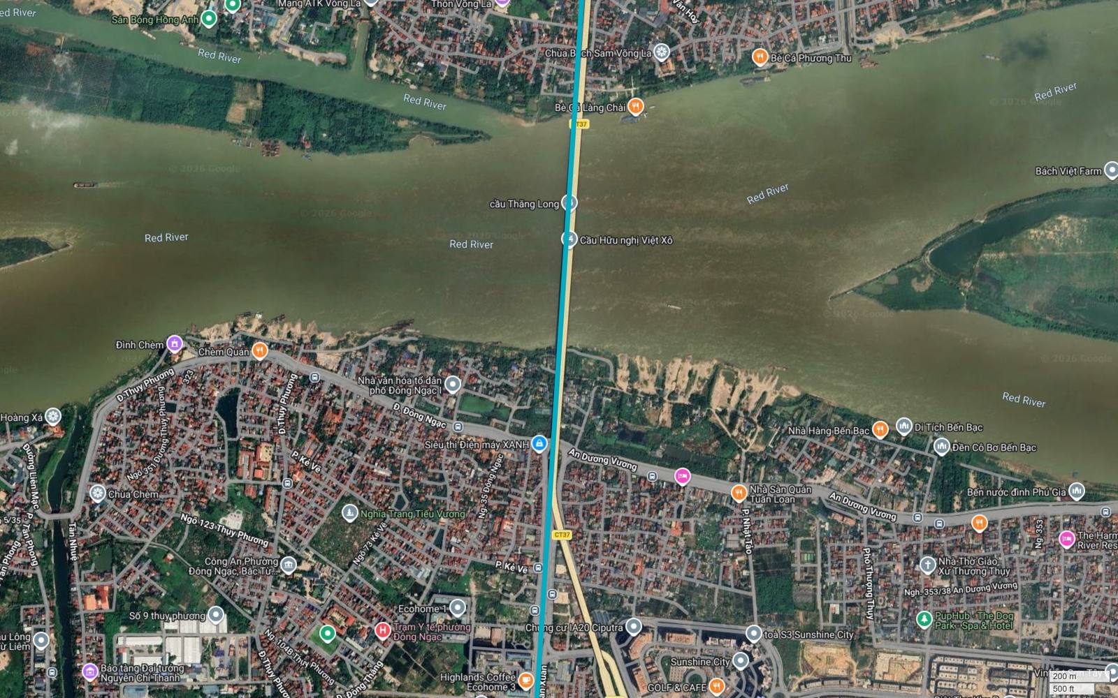 Bản đồ tuyến metro số 6 Hà Nội vượt sông Hồng dọc trục cầu Thăng Long, băng qua bãi giữa và tiếp đất tại Đông Ngạc gần Đình Chèm