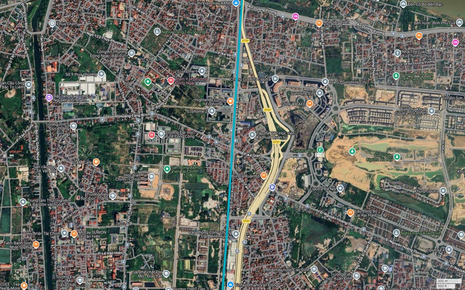 Bản đồ tuyến metro số 6 Hà Nội chạy sát mép tây trục Phạm Văn Đồng ký hiệu CT37, kề Ciputra, Sunshine City và cụm giảng đường Đức Thắng