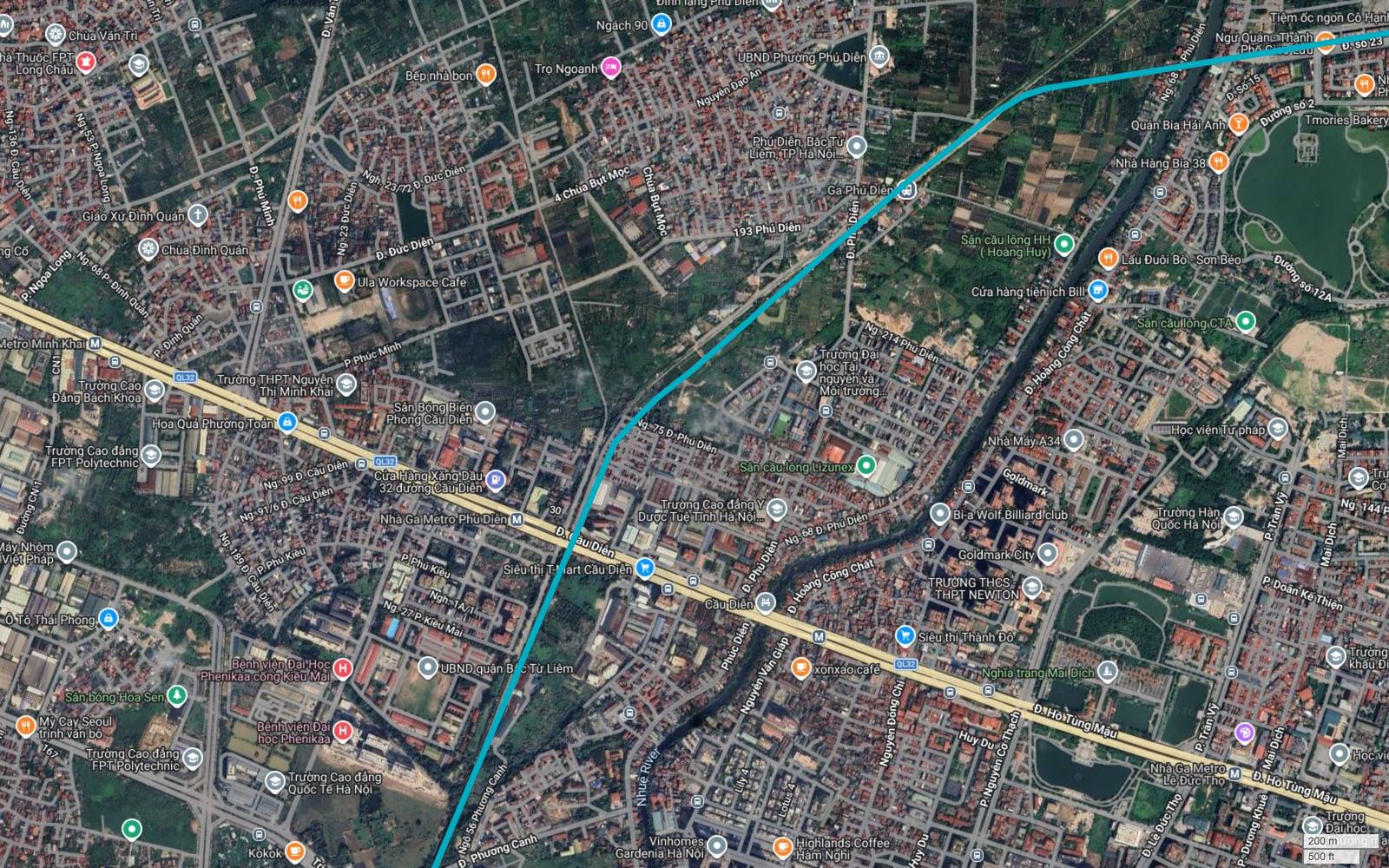 Bản đồ tuyến metro số 6 Hà Nội cắt Quốc lộ 32 ngay cạnh Nhà Ga Metro Phú Diễn của tuyến số 3 Nhổn ga Hà Nội