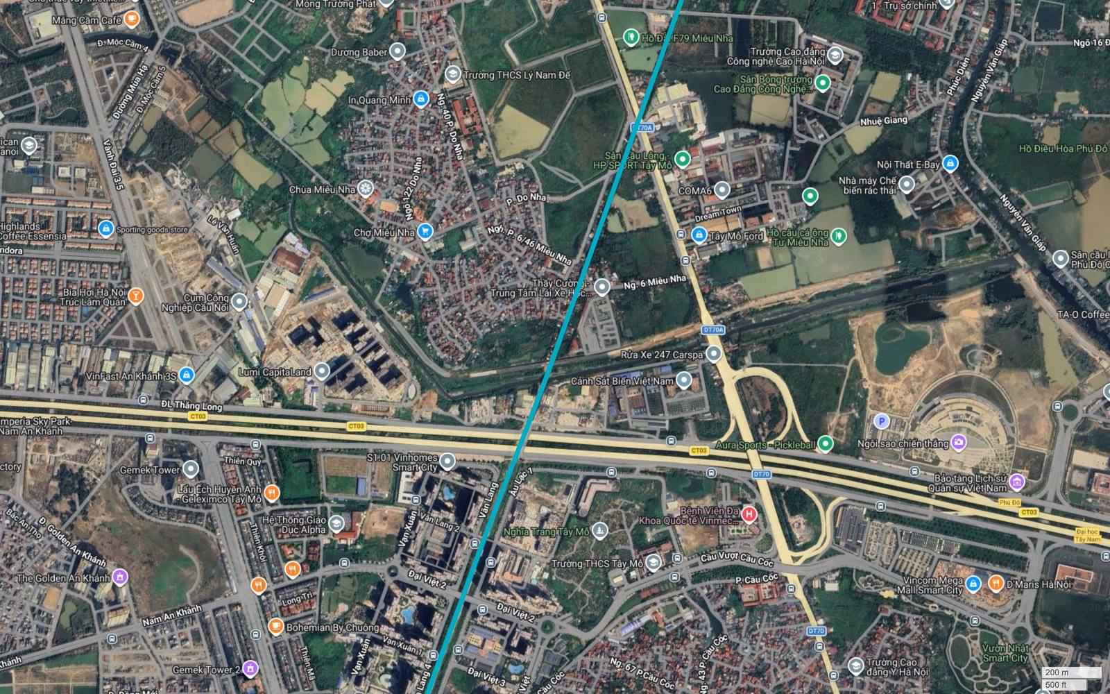 Tuyến metro số 6 Hà Nội cắt Đại lộ Thăng Long CT03 và tỉnh lộ 70 tại Tây Mỗ, gần nút Cầu Vượt Cầu Cốc và Vinhomes Smart City