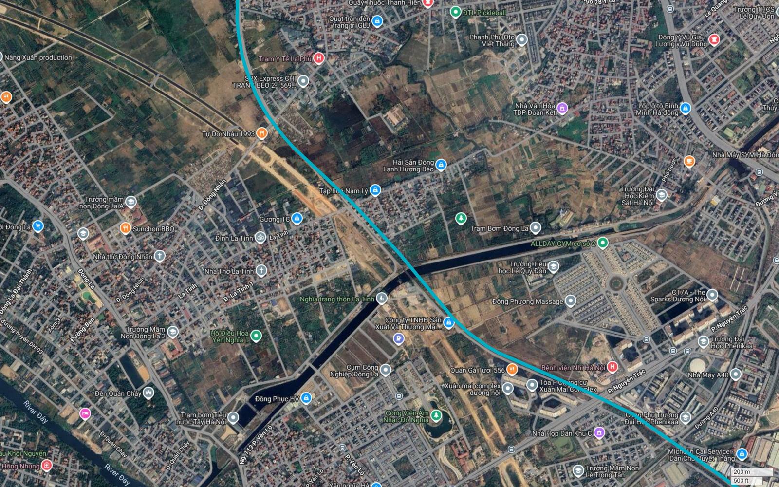 Bản đồ tuyến metro số 6 Hà Nội vượt kênh tiêu lớn ở Yên Nghĩa, gần Trạm Bơm Đông La, Trạm bơm Tiêu nước Tây Hà Nội và Cụm Công Nghiệp Đông La