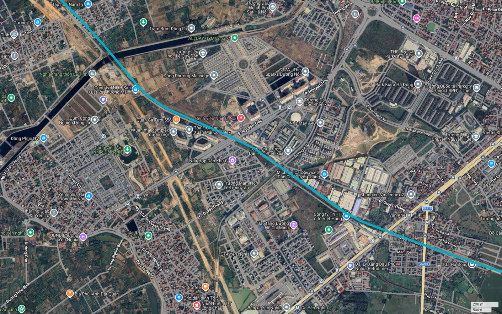 Bản đồ tuyến metro số 6 Hà Nội cắt chéo Hà Đông qua Quyết Thắng, tiếp cận Quốc lộ 21B, Bến xe Yên Nghĩa và các ga Văn Khê, La Khê, Yên Nghĩa